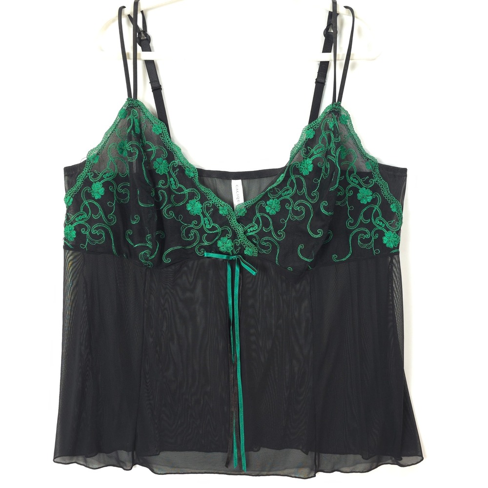 Cacique Babydoll Chemise Womens 26/28 Embroidered Mesh‎ Black Green Whimsigoth